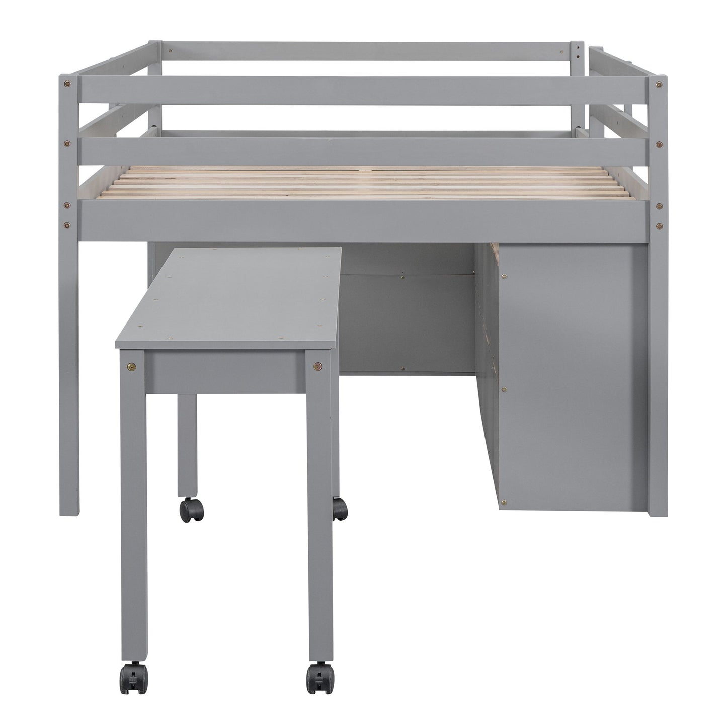 Full Size Loft Bed With Retractable Writing Desk And 4 Drawers, With Lateral Portable Desk And Shelves - Gray