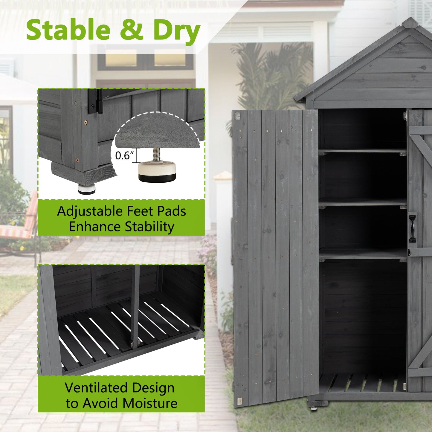 Outdoor Storage Cabinet, Garden Wood Tool Shed, Outside Wooden Shed Closet With Shelves And Latch For Yard - Gray