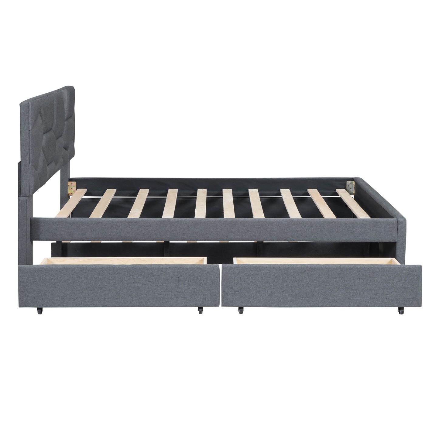 Full Size Upholstered Platform Bed With Brick Pattern Headboard, With Twin Size Trundle And 2 Drawers - Gray
