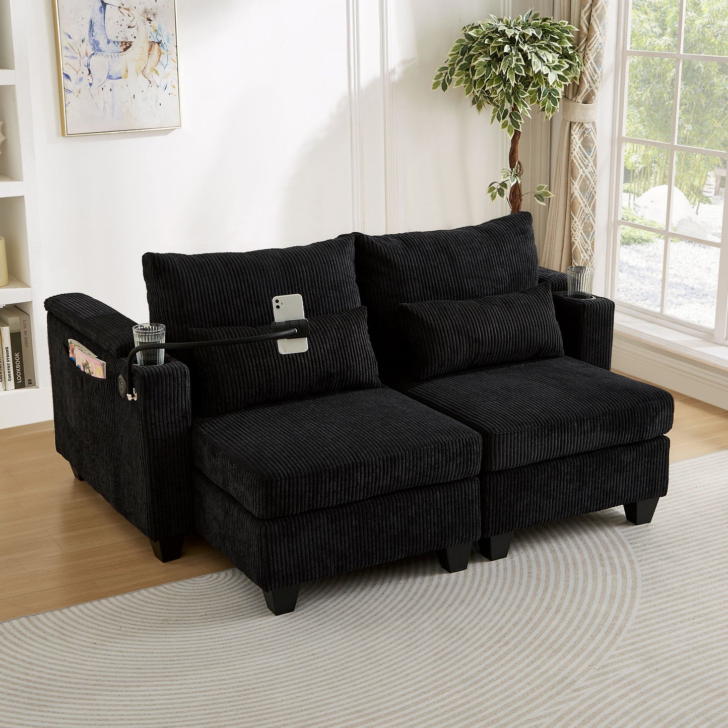 Convertible Chaise Lounge Loveseat Sofa Bed With USB Ports, Cup Holders, Phone Holder & Storage - Black