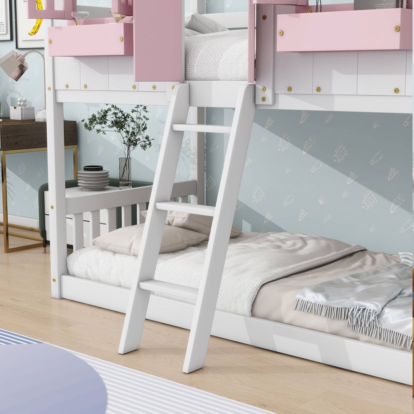 Twin Over Twin House Bunk Bed With Roof, Window, Window Box, Door, With Safety Guardrails And Ladder - Pink / White