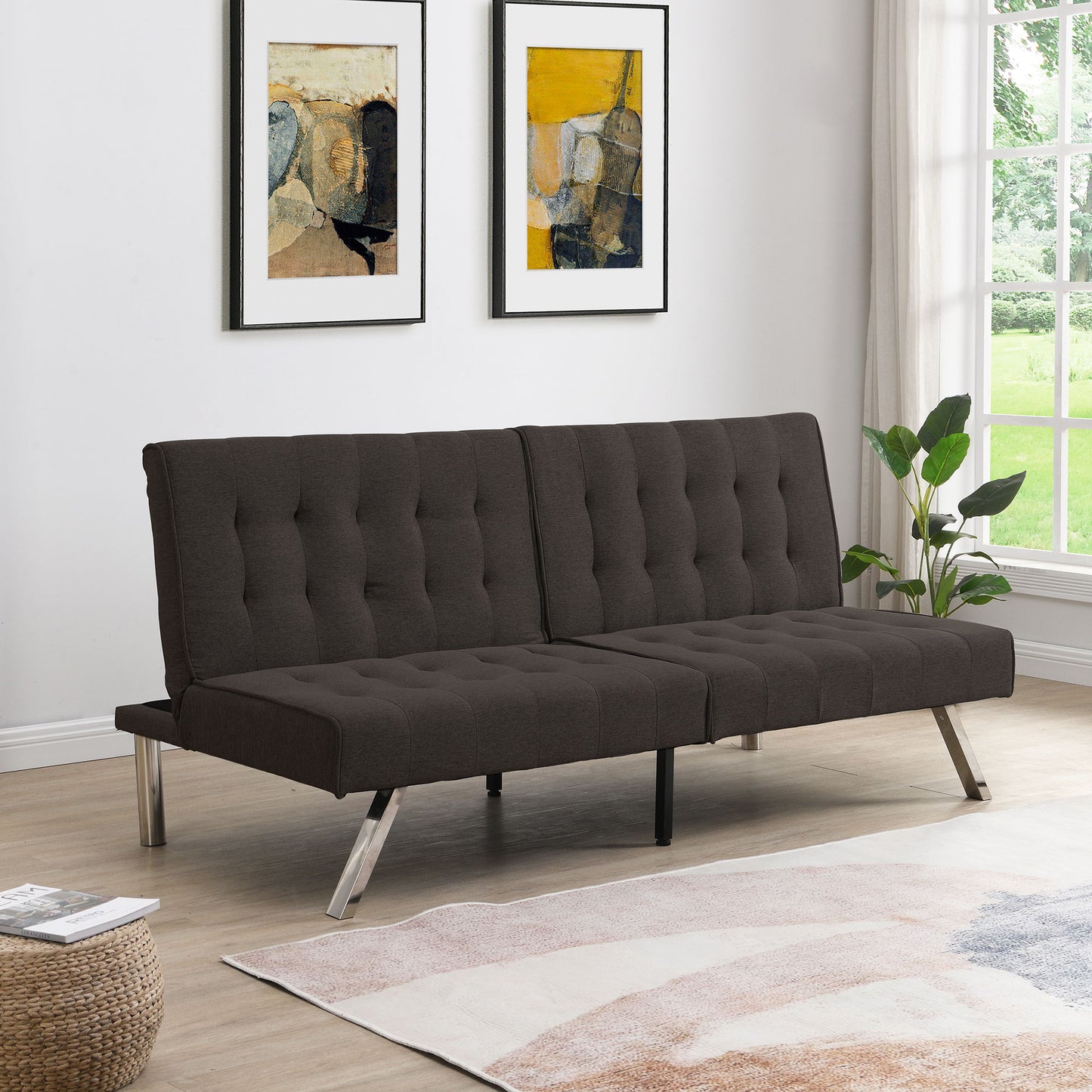 Faux Linen Wood Frame Futon Sofa Bed With Stainless Legs - Espresso