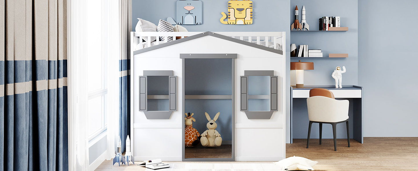 Full Size House Loft Bed With Ladder - White / Gray
