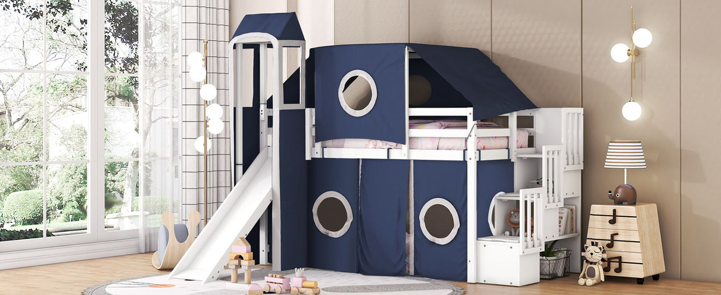 Twin Size Loft Bed With Tent And Tower - Blue