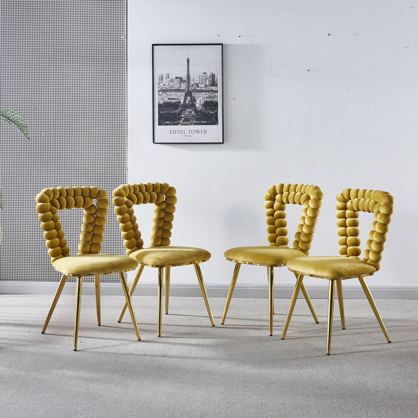 Modern Chair With Iron Tube Legs, Soft Cushions And Comfortable Backrest, Suitable For Dining Room, Living Room, Cafe, Hairball Back (Set of 4) - Yellow / Gold