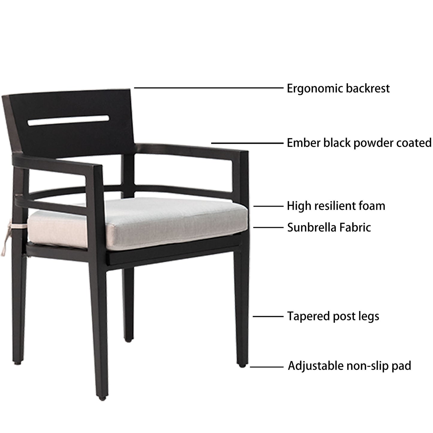 5 Piece Outdoor Patio Modern Dining Set, 4 Dining Chairs Sunbrella Fabric And Square Dining Table With Umbrella Hole - Ember Black