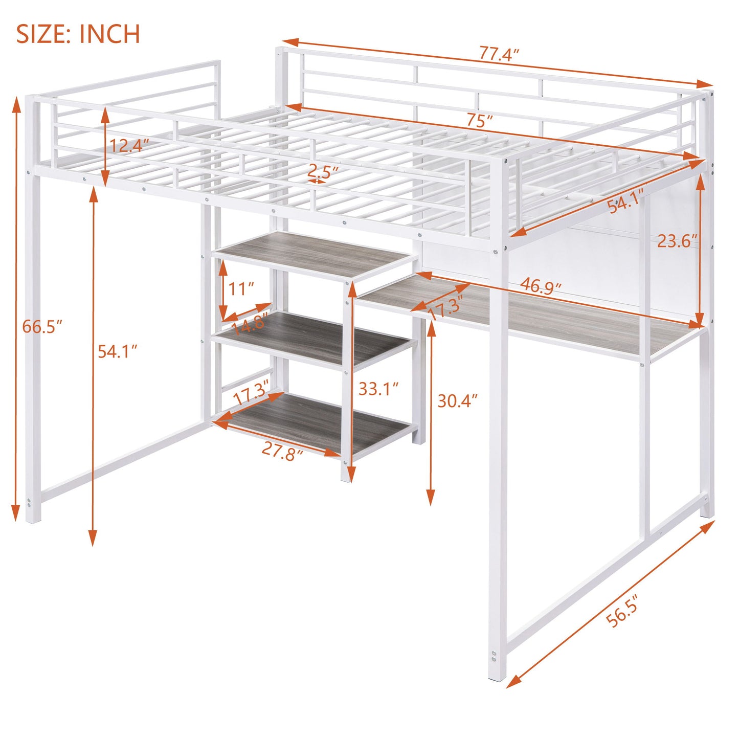 Full Size Loft Bed With Desk And Whiteboard, Loft Bed With 3 Shelves And Ladder - White