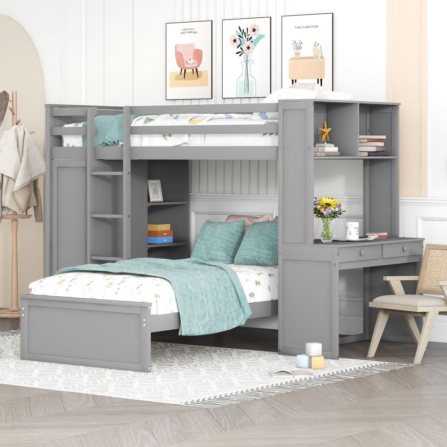 Twin Size Loft Bed With A Stand Alone Bed, Shelves, Desk, And Wardrobe - Gray