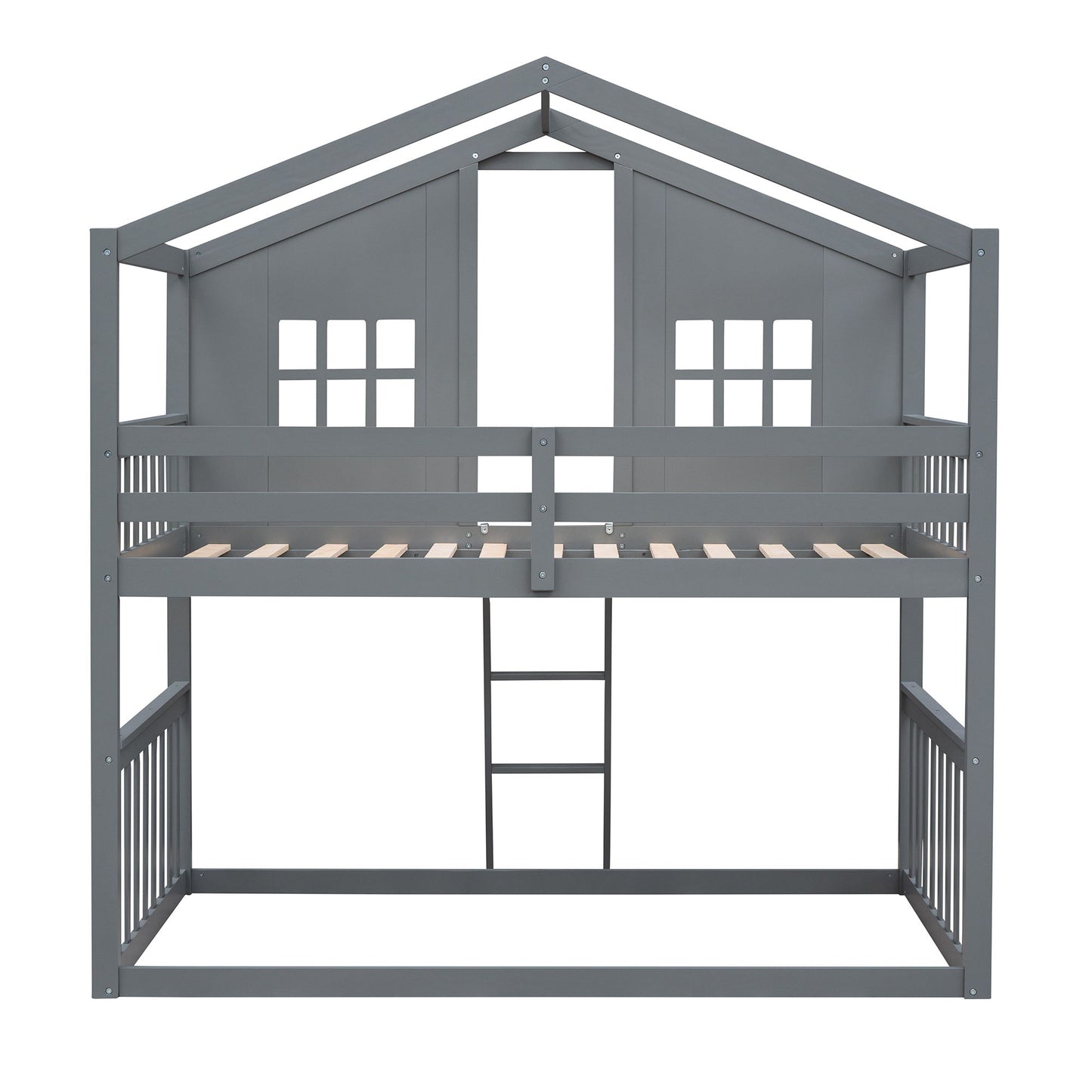 Twin Over Twin House Bunk Bed With Ladder - Gray