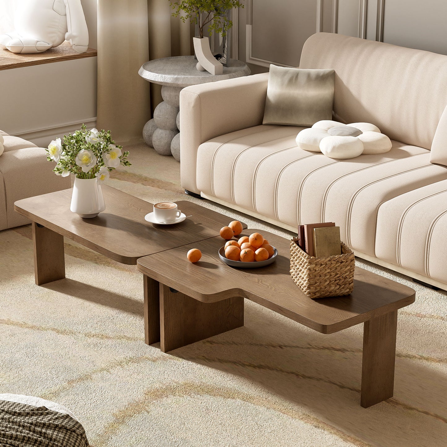 Modern Minimalist Coffee Table Set, Rectangle Coffee Table With Splicing Design, Multifunctional Combination Table For Living Room - Natural