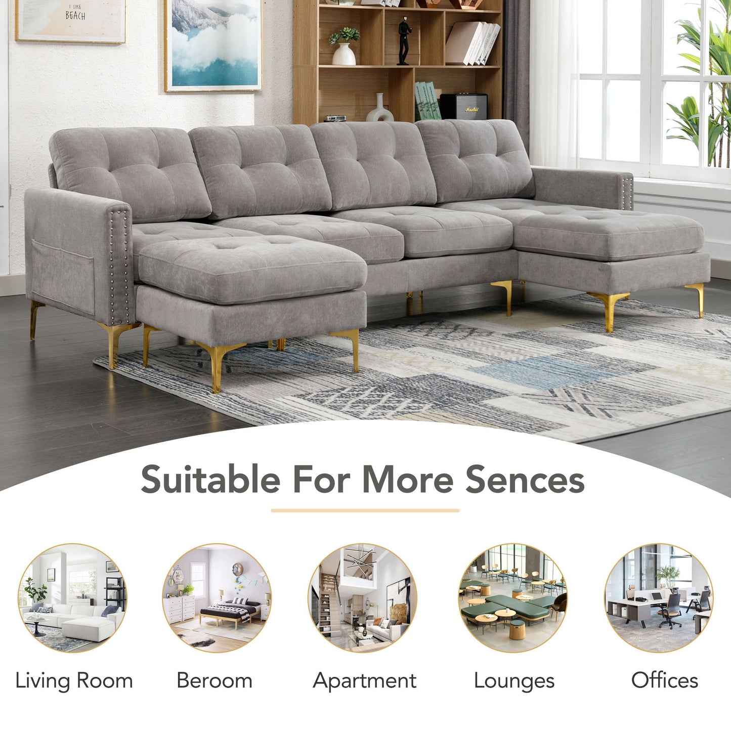 Convertible Sectional Sofa Couch With Movable Ottoman - Light Gray