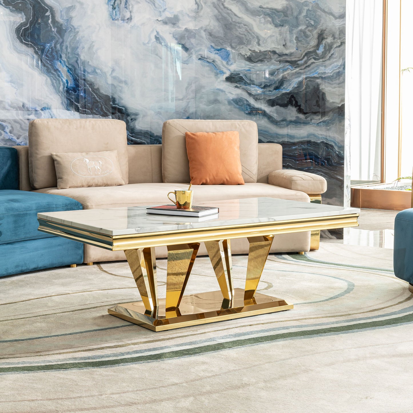 Modern Rectangular Coffee Table With Marble Pattern Top, Stainless Steel Base - Gold