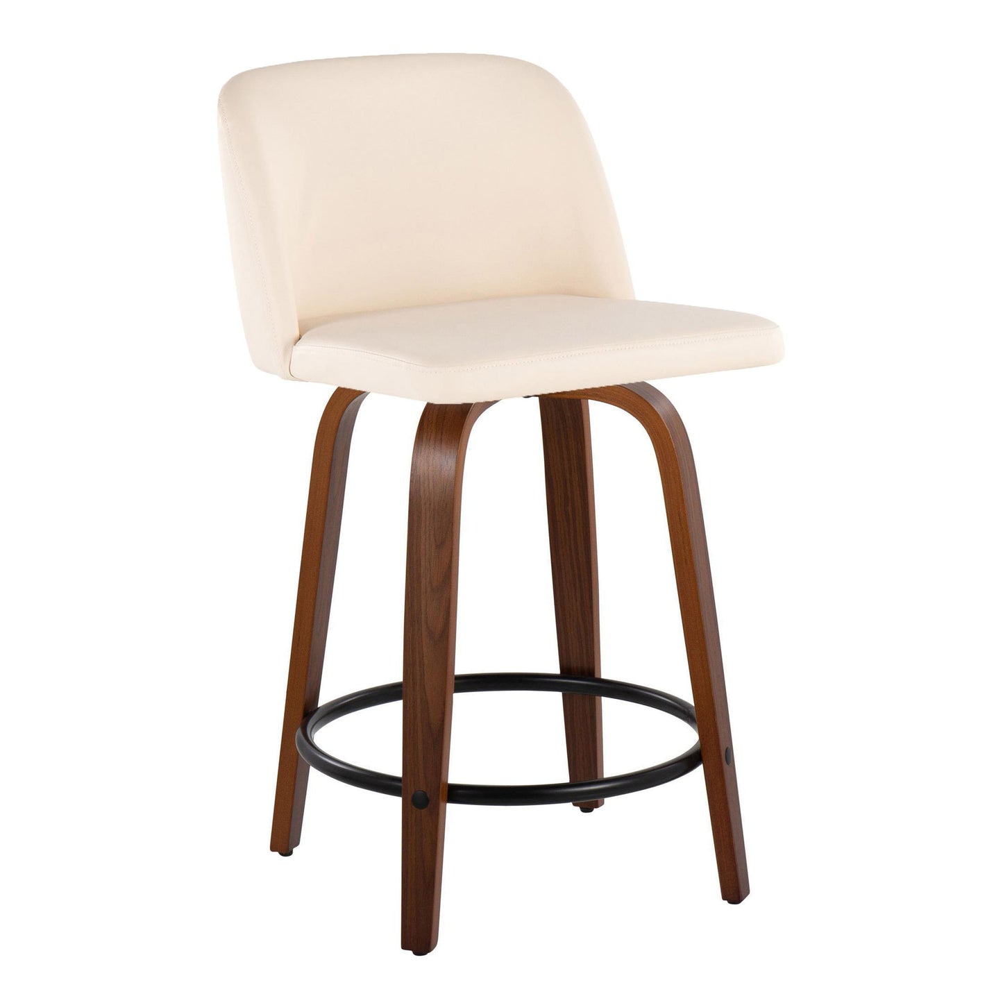 Toriano - Mid-Century Modern Fixed Height Counter Stool & Swivel And Round Footrest (Set of 2) - Walnut / Cream