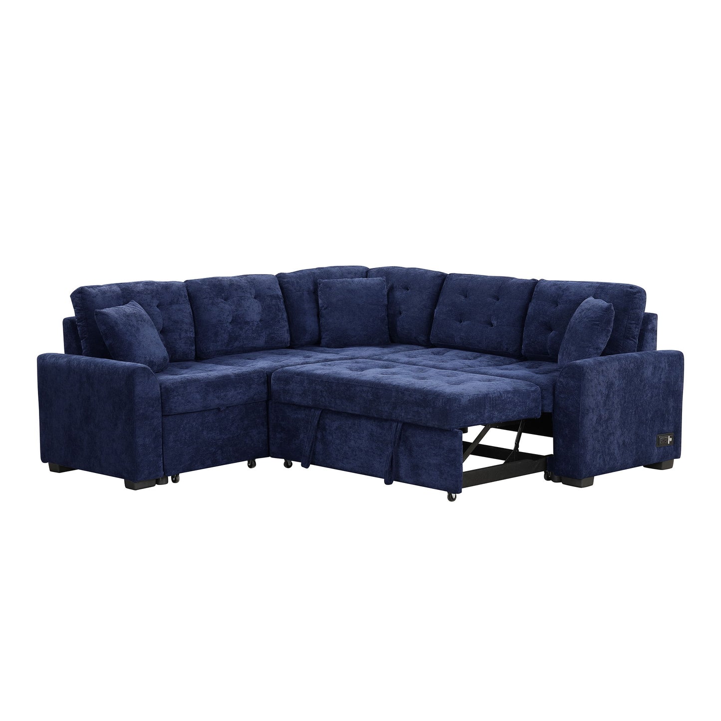 L-Shape Sofa Bed Pull-Out Sleeper Sofa With Wheels, USB Ports, Power Sockets For Living Room - Navy Blue