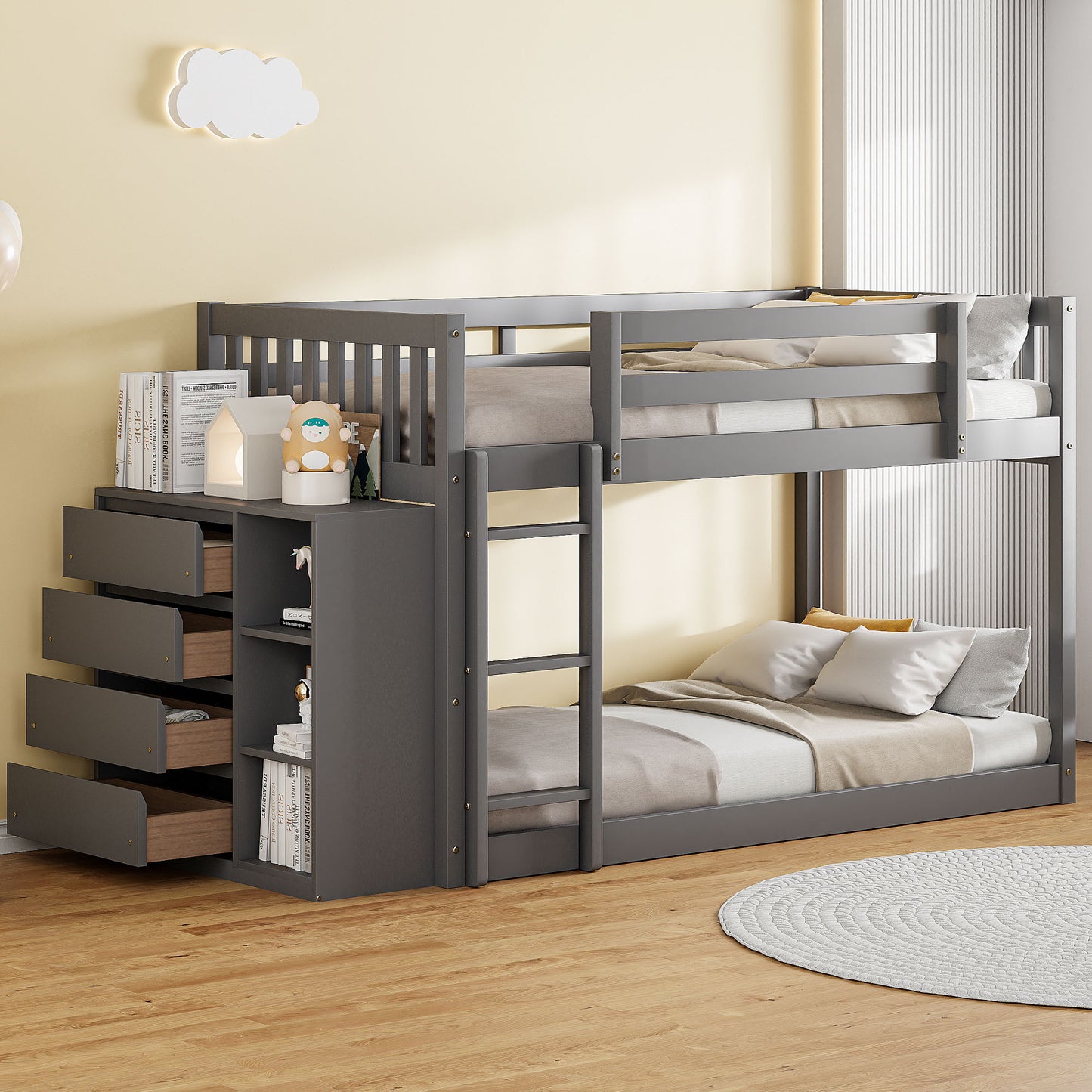 Twin Over Twin Classic Bunk Bed With 4 Drawers And 3 Shelves - Gray