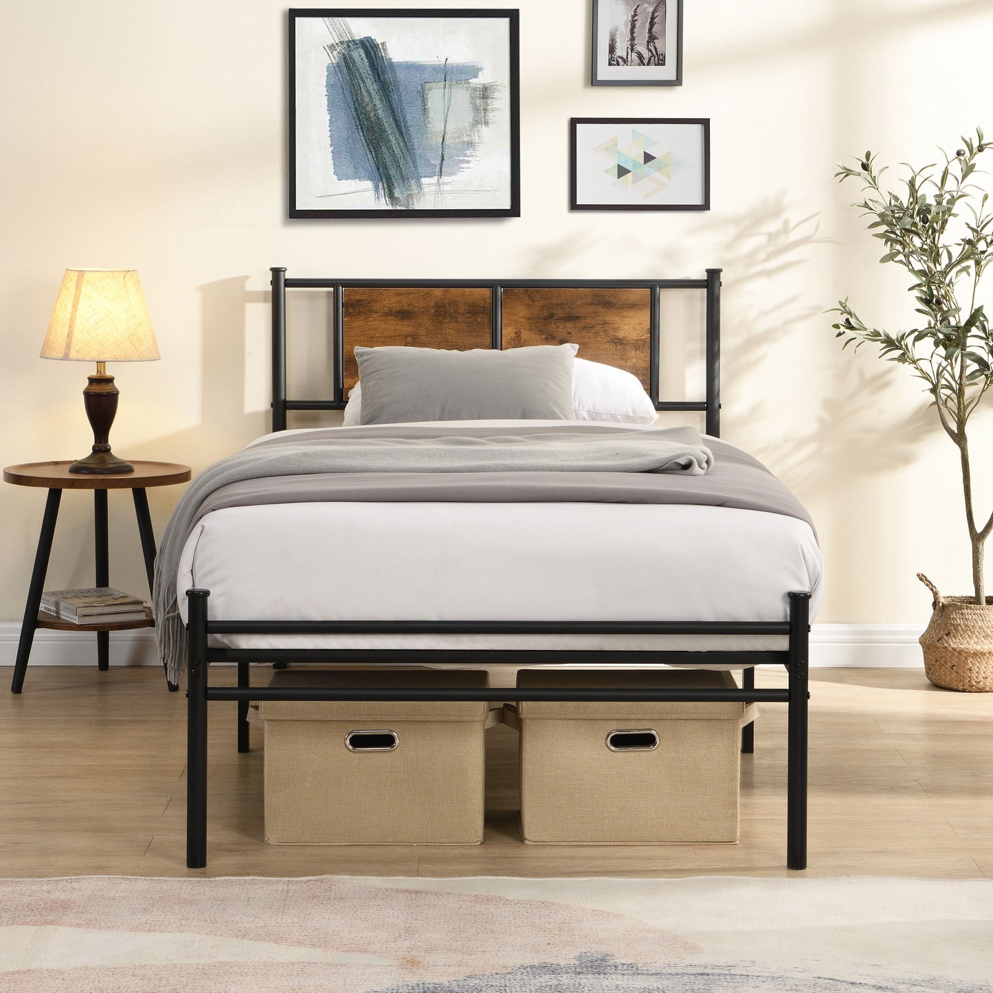 Modern Twin Long Size Metal Bedframe With Wood Panel Headboard - Black / Brown