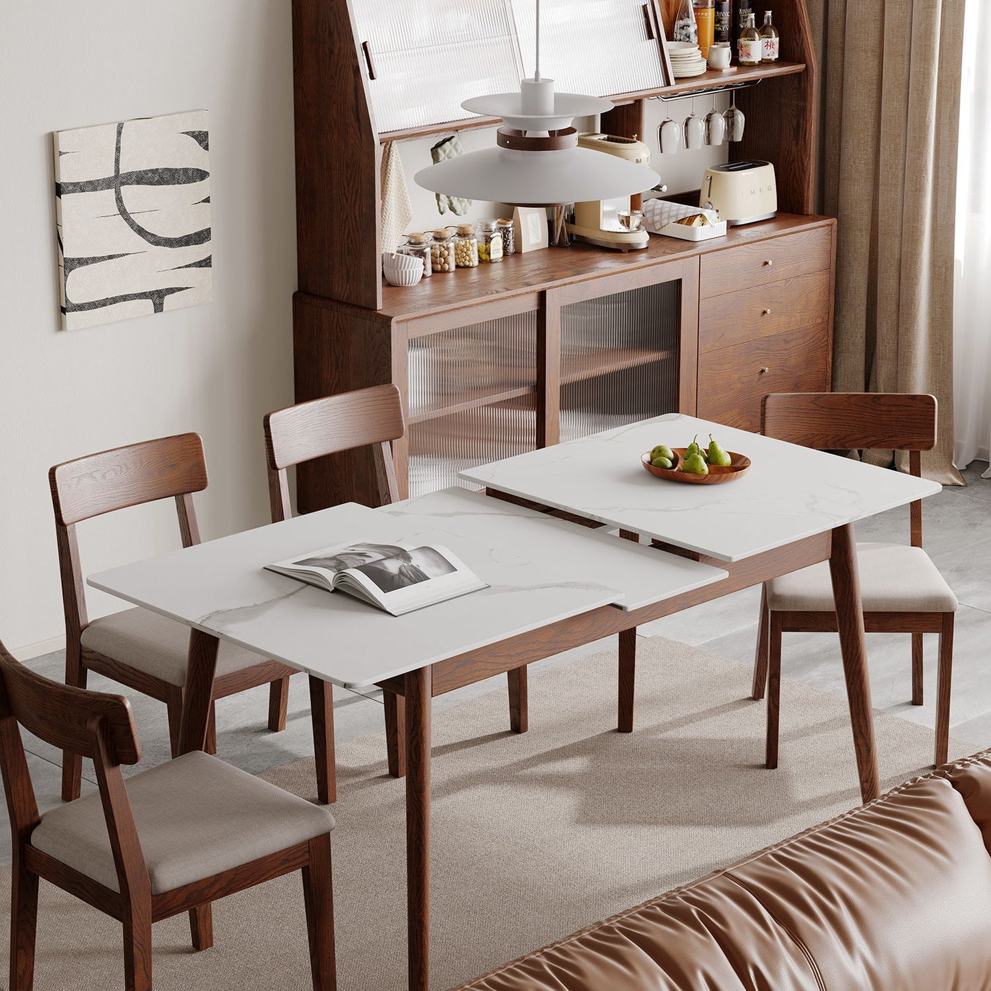 Round Corner Diagonal Leg Telescopic Table For 6 - 8 People To Meet Dining Table - White / Walnut