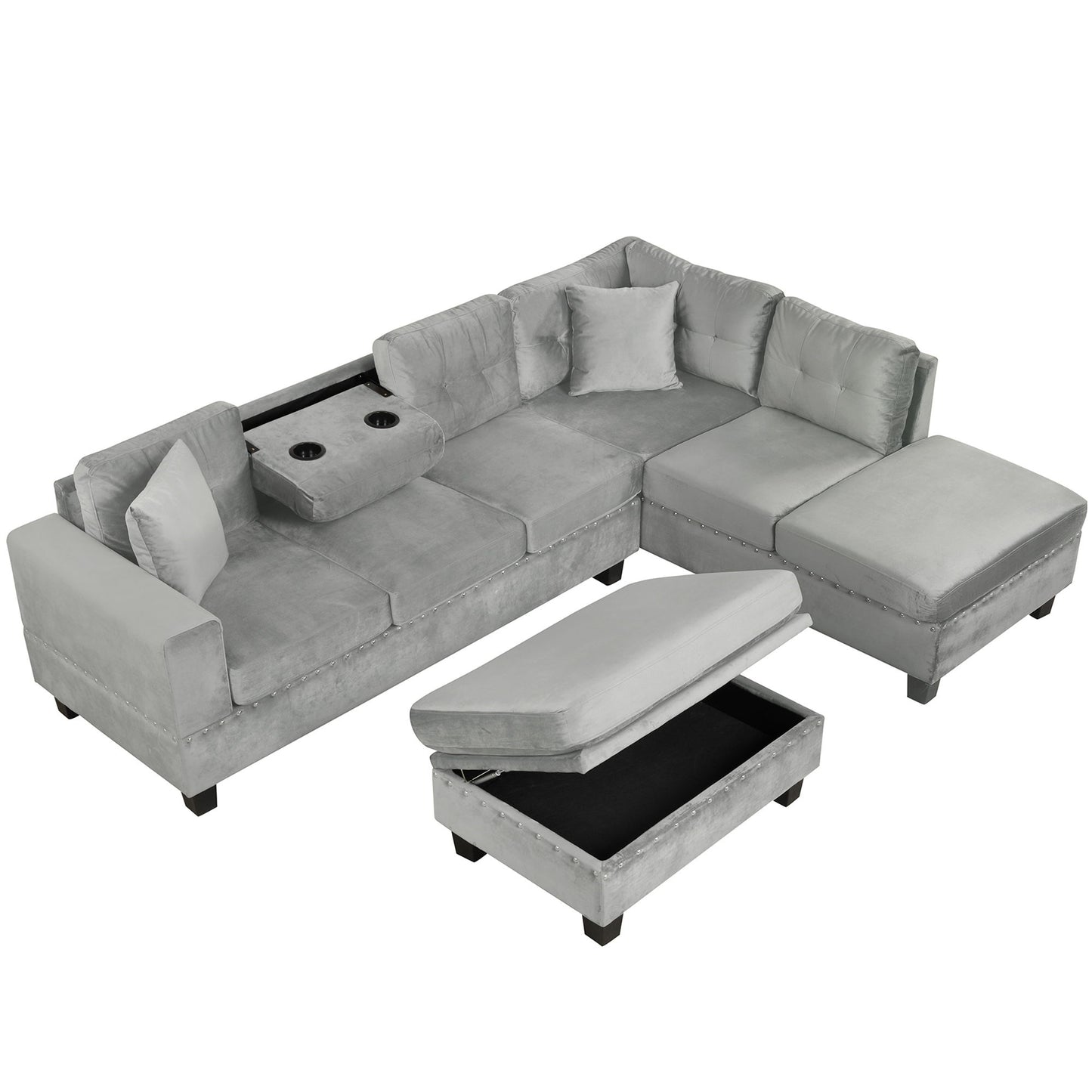 Modern Sectional Sofa With Storage Ottoman, L - Shape Couch With 2 Pillows And Cup Holders - Gray