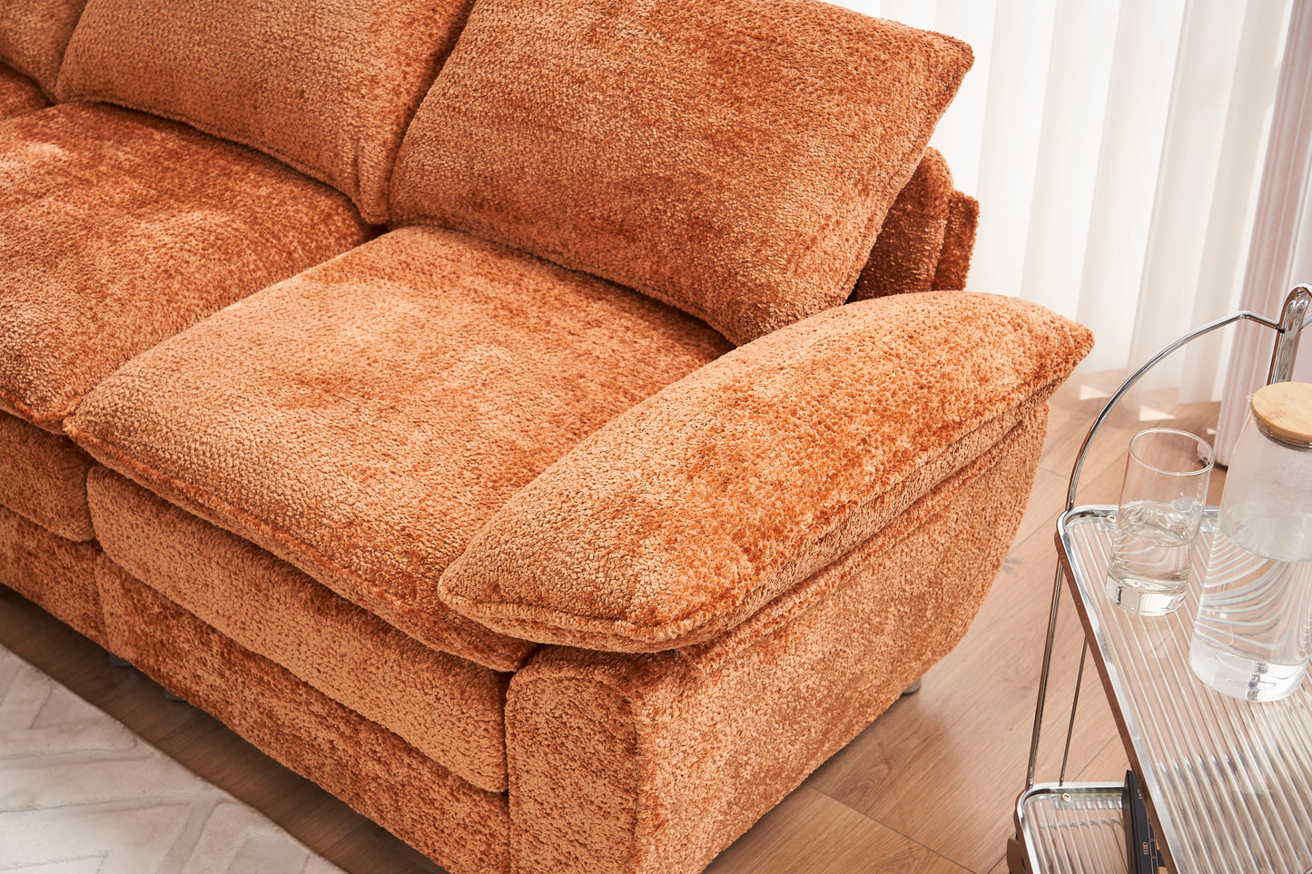 Modern Deep 3 Seat Sofa Couch With Ottoman, Polyester Sofa Sleeper Comfy Upholstered Furniture For Living Room - Orange