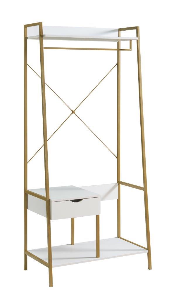 Metal Clothes Rack Open Wardrobe Free Standing With One Drawer Hanging Clothes Rod - White / Gold Metal