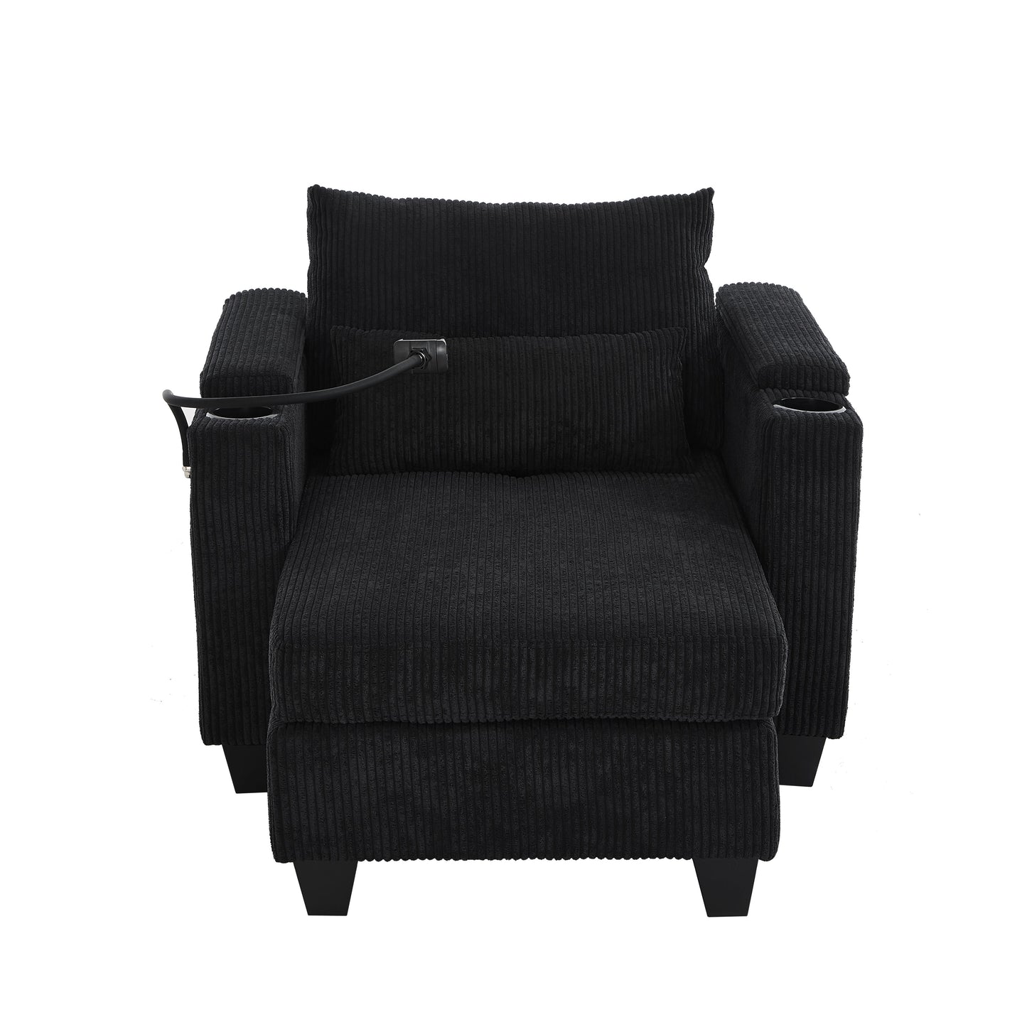 Convertible Chaise Lounge Sofa Chair Bed With USB Ports, Cup Holders & Storage - Black