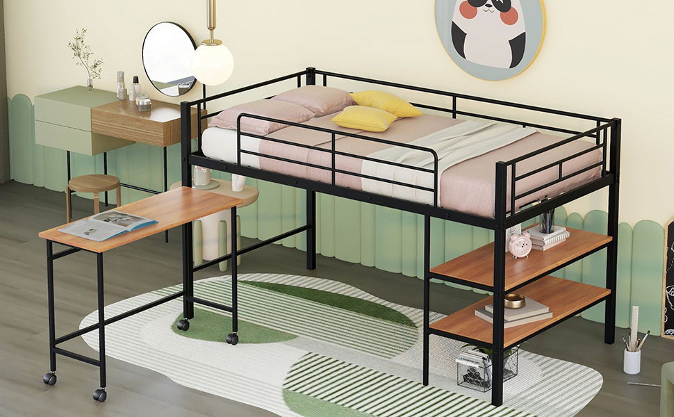 Twin Size Loft Bed With Desk And Shelves - Black