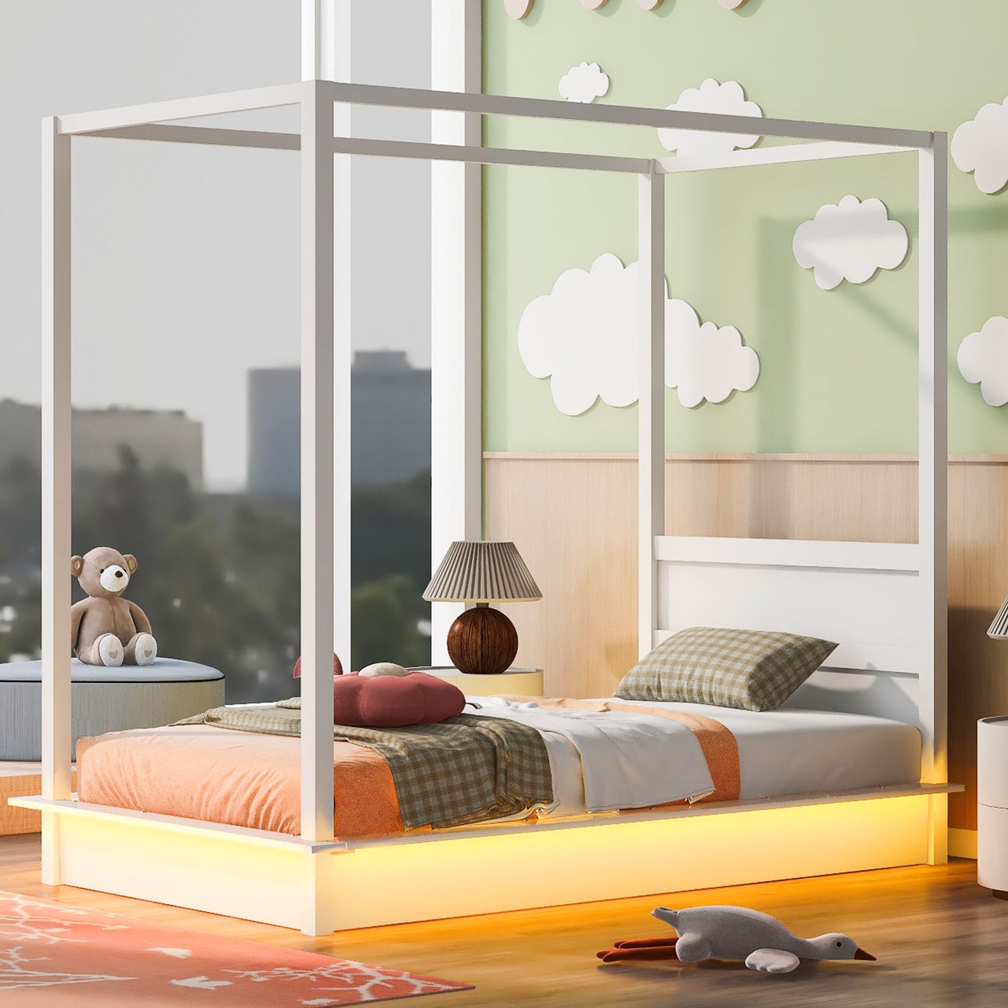 Twin Size LED Canopy Bed, Canopy Platform Bed With Support Slats, No Box Spring Needed - White