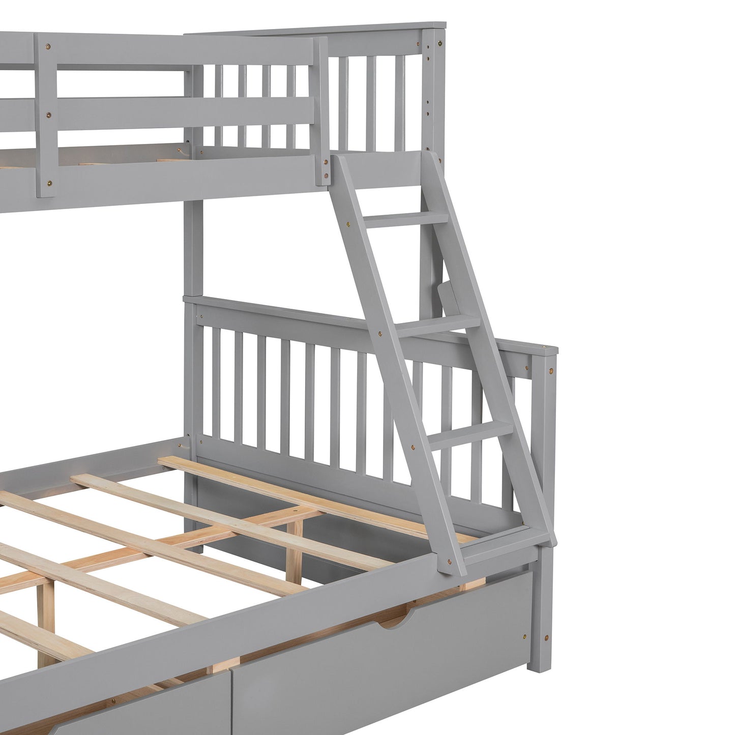 Twin Over Full Bunk Bed With Ladders And Two Storage Drawers - Gray