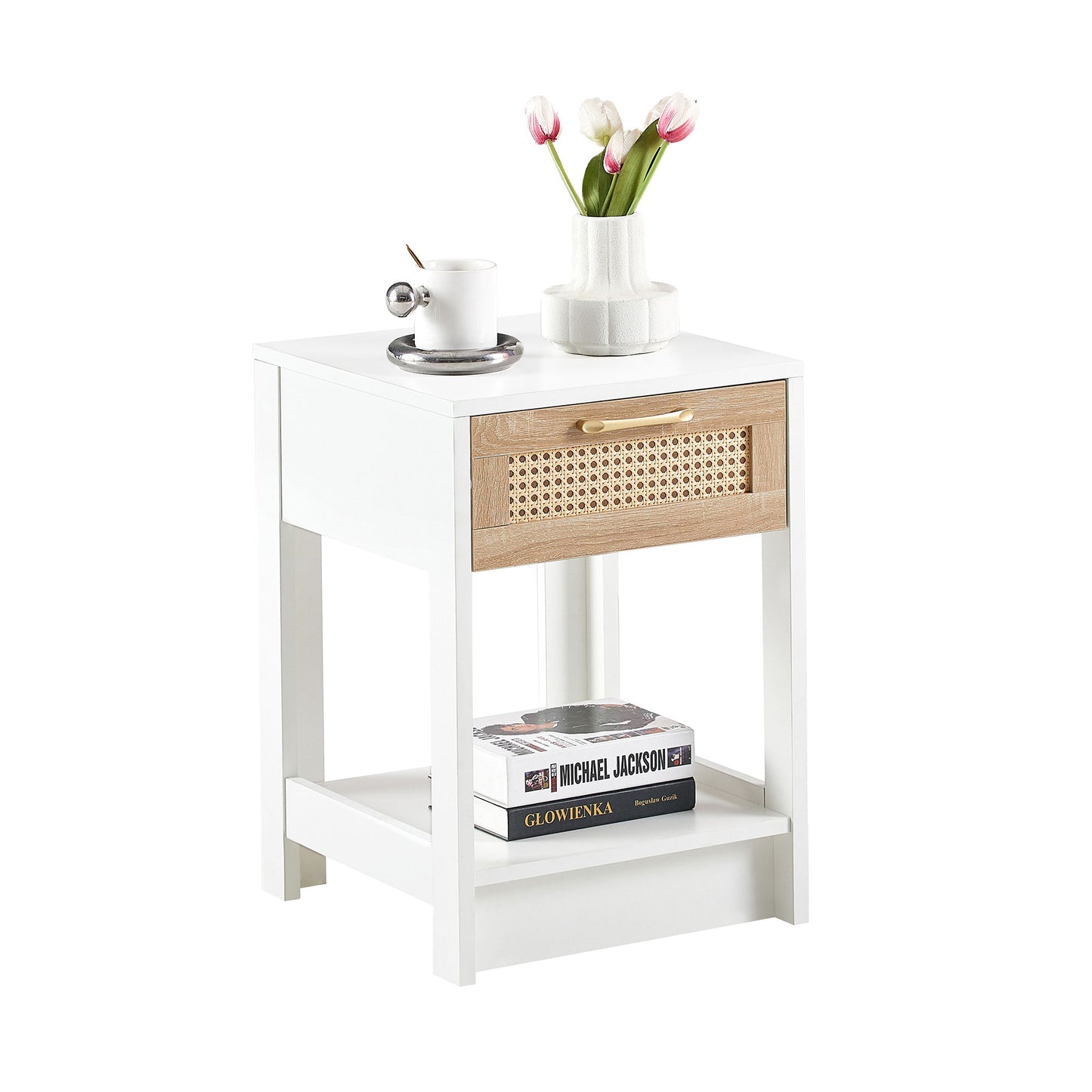 15.75" Rattan End Table With Drawer, Modern Nightstand, Side Table For Living Room, Bedroom - White
