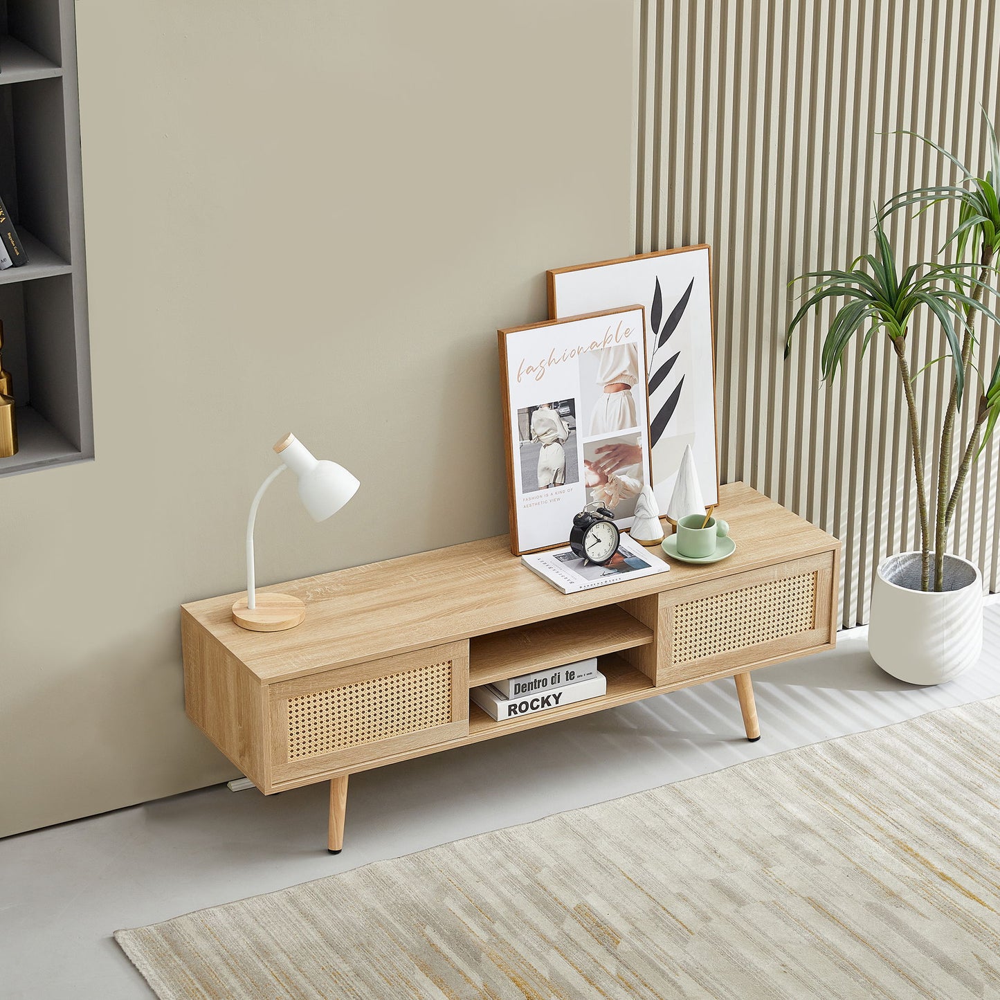 55.12" Rattan TV Cabinet, Double Sliding Doors For Storage, Adjustable Shelf, Solid Wood Legs, TV Console For Living Room - Natural