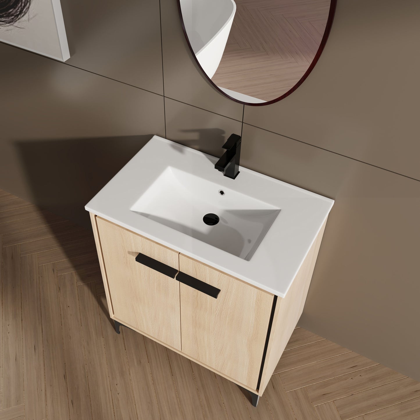 30" Bathroom Vanity Base With Basin And Storage Cabinet - Oak