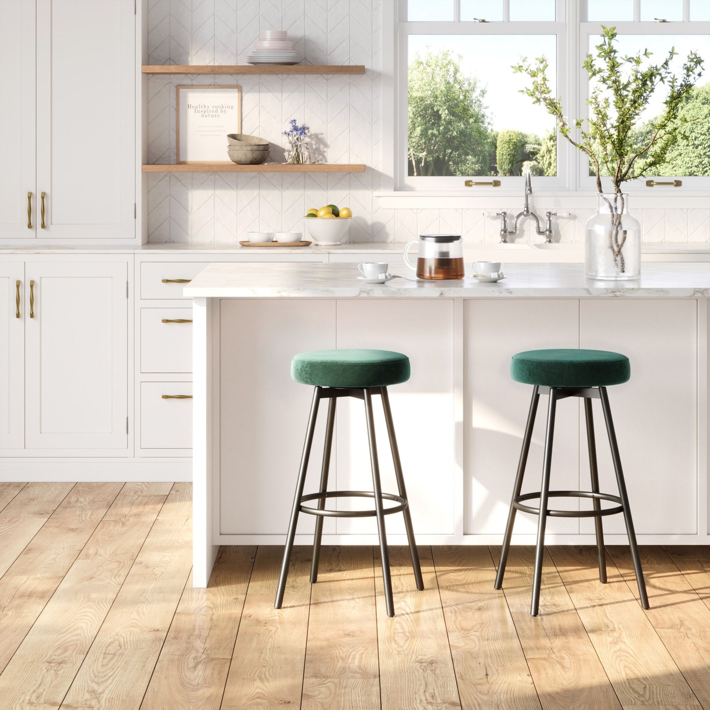 Modern Glam Upholstered Faux Velvet Bar Stool - Emerald