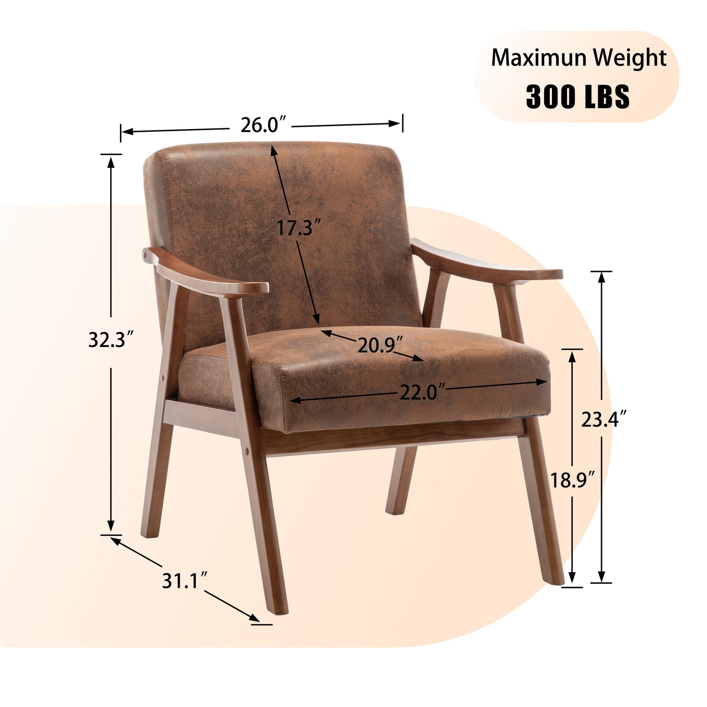 Mid Century Modern Wingback Accent Chair With Solid Wood Frame And Extra Thick Backrest - Lounge Chair For Living Room, Bedroom, Or Reading Room - Brown