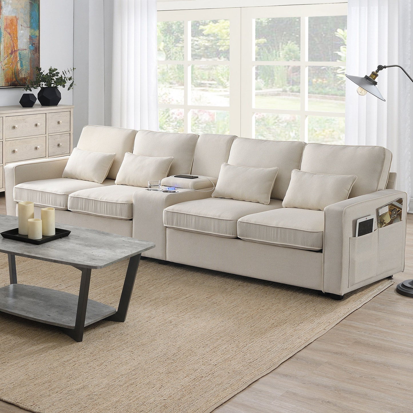 Upholstered Sofa With Console, 2 Cupholders And 2 USB Ports Wired Or Wirelessly Charged, Modern Linen Fabric Couches With 4 Pillows (4 Seat) - Beige