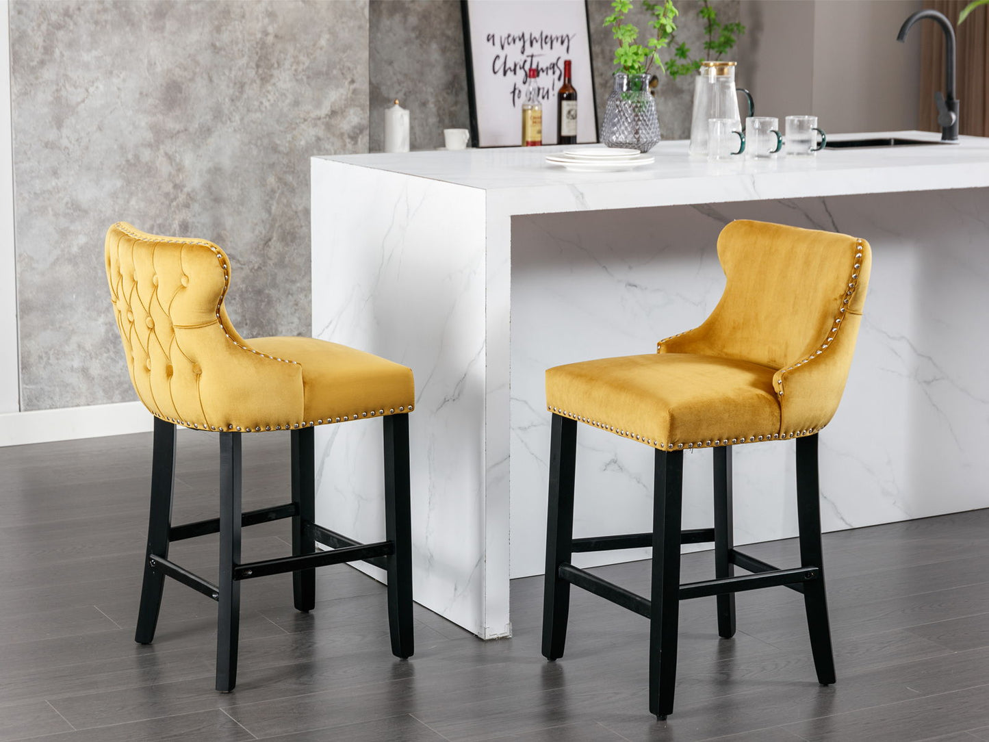 Contemporary Velvet Upholstered Wing-Back Barstools With Button Tufted Decoration And Wooden Legs, And Chrome Nailhead Trim, Leisure Style Bar Chairs, Bar Stools (Set of 4) - Gold