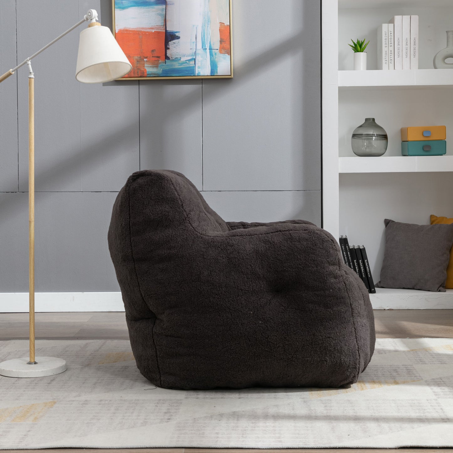 Soft Teddy Fabric Tufted Foam Bean Bag Chair With Teddy Fabric - Dark Gray