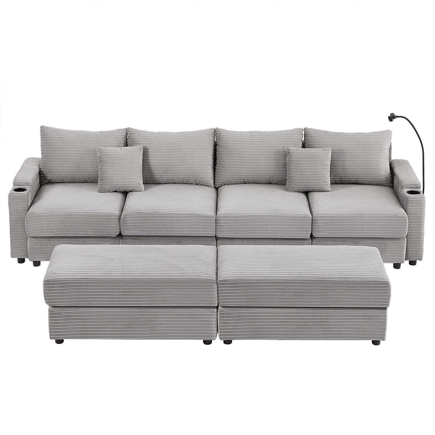 Modern Style 4 - Seater Sofa Sectional Sofa Couch With Storage Space, Two Movable Ottomans, Two USB Ports, Two Cup Holders, A Phone Holder For Living Room - Gray