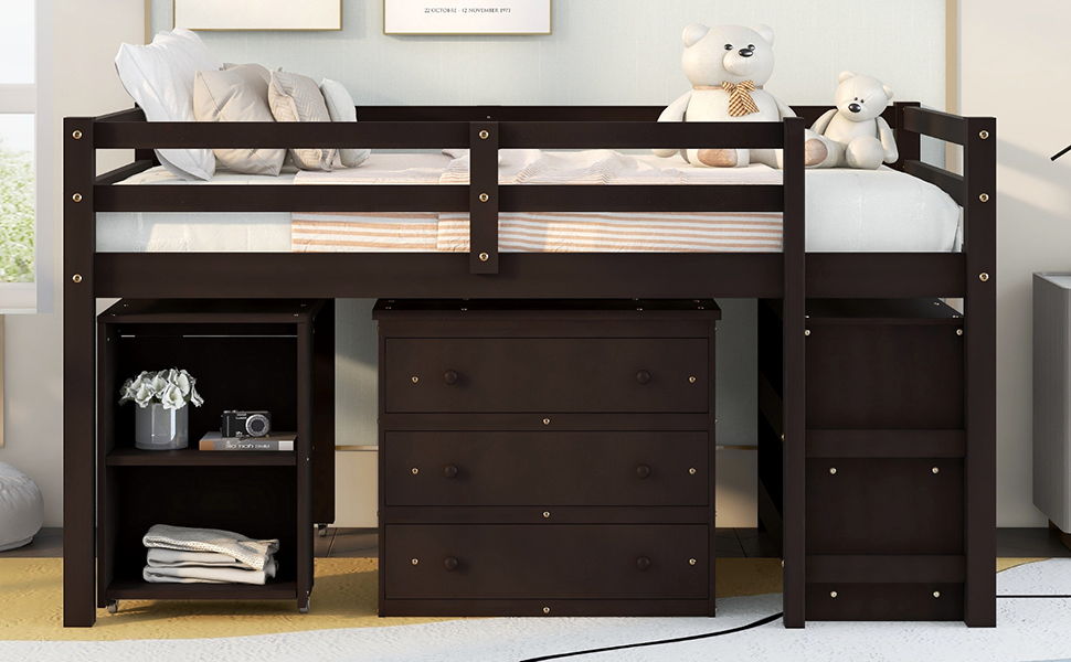 Full Loft Low Study Bed With Cabinet, Shelves And Rolling Portable Desk, Multiple Functions - Espresso