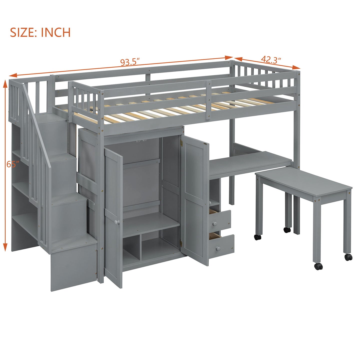 Twin Size Loft Bed With Stairs, Bookshelf, Drawers, Desk & Wardrobe, Space Saving Multifunctional Furniture - Gray