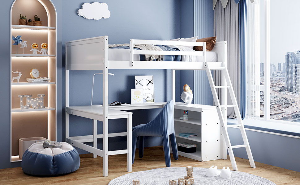Full Size Loft Bed With Shelves With Desk - White