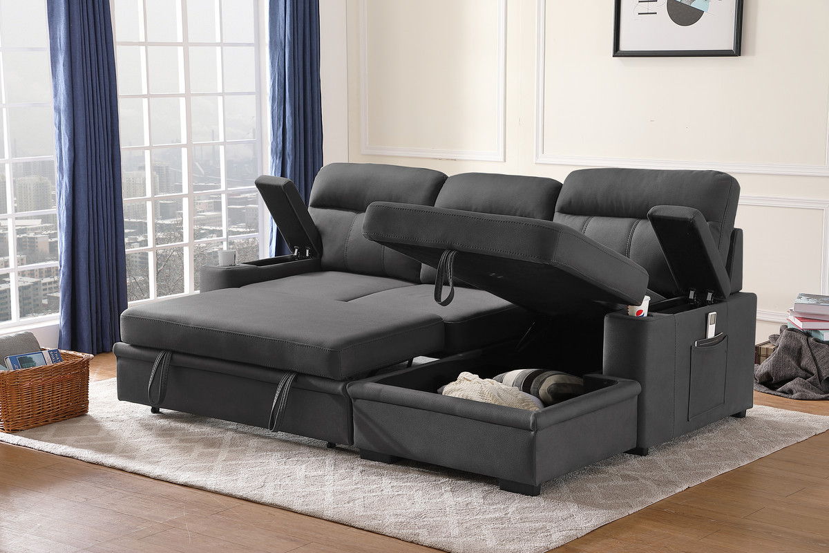 Kaden - Sleeper Sectional Sofa Chaise With Storage Arms And Cupholder - Gray