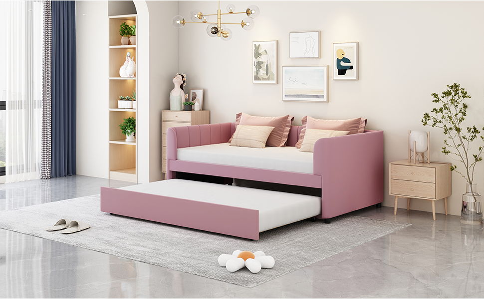 Twin Size Upholstered Daybed With Ergonomic Design Backrest And Trundle - Pink