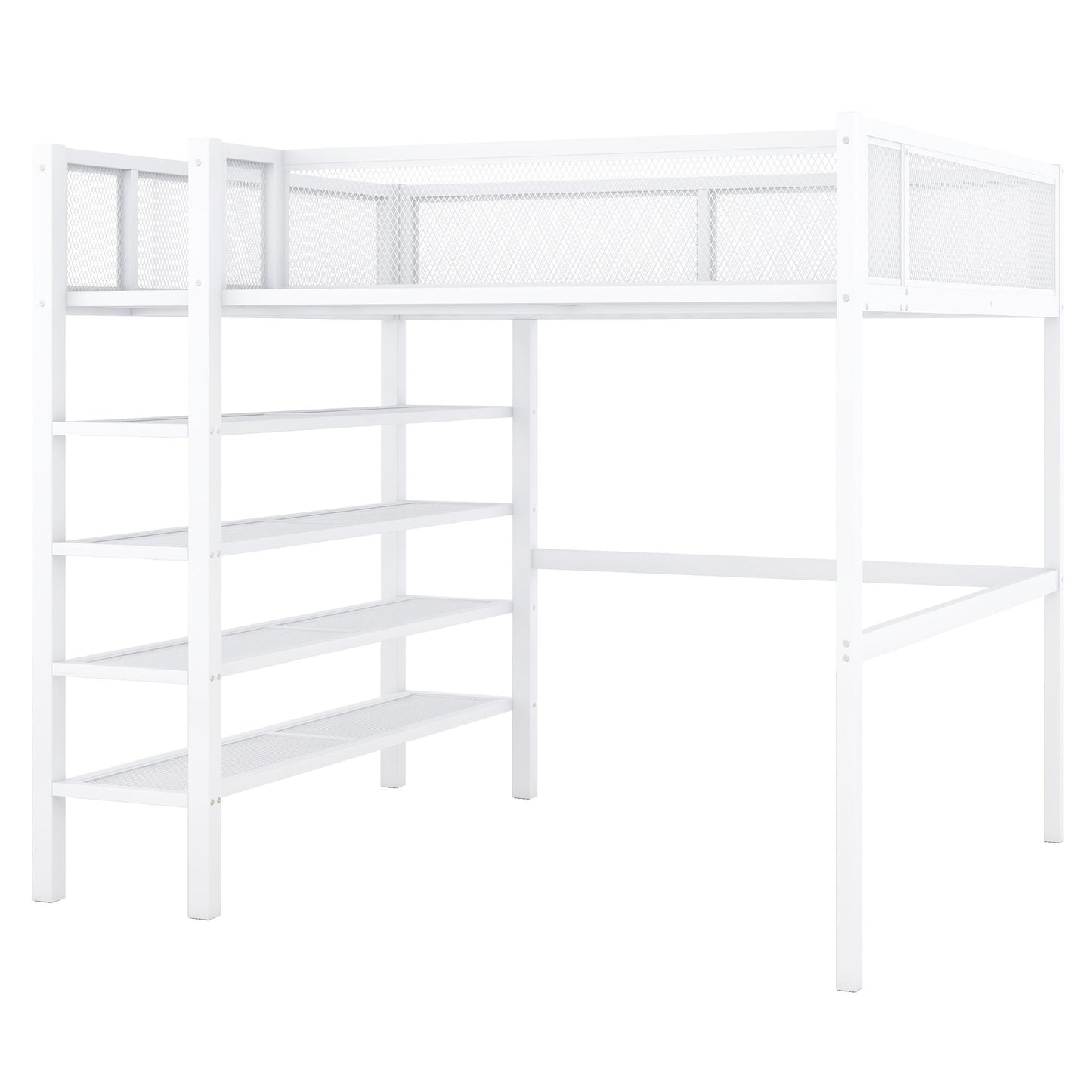 Full Size Loft Bed With 4 Tier Shelves And Storage - White