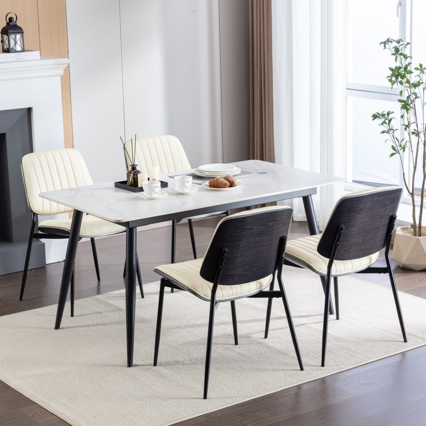 Dining Chairs Mid-Century Modern Retro Faux Leather Chair With Walnut Bentwood Back Upholstered Seat Metal Legs Adjustable Foot For Kitchen Dining Room Chairs (Set of 2) - Beige