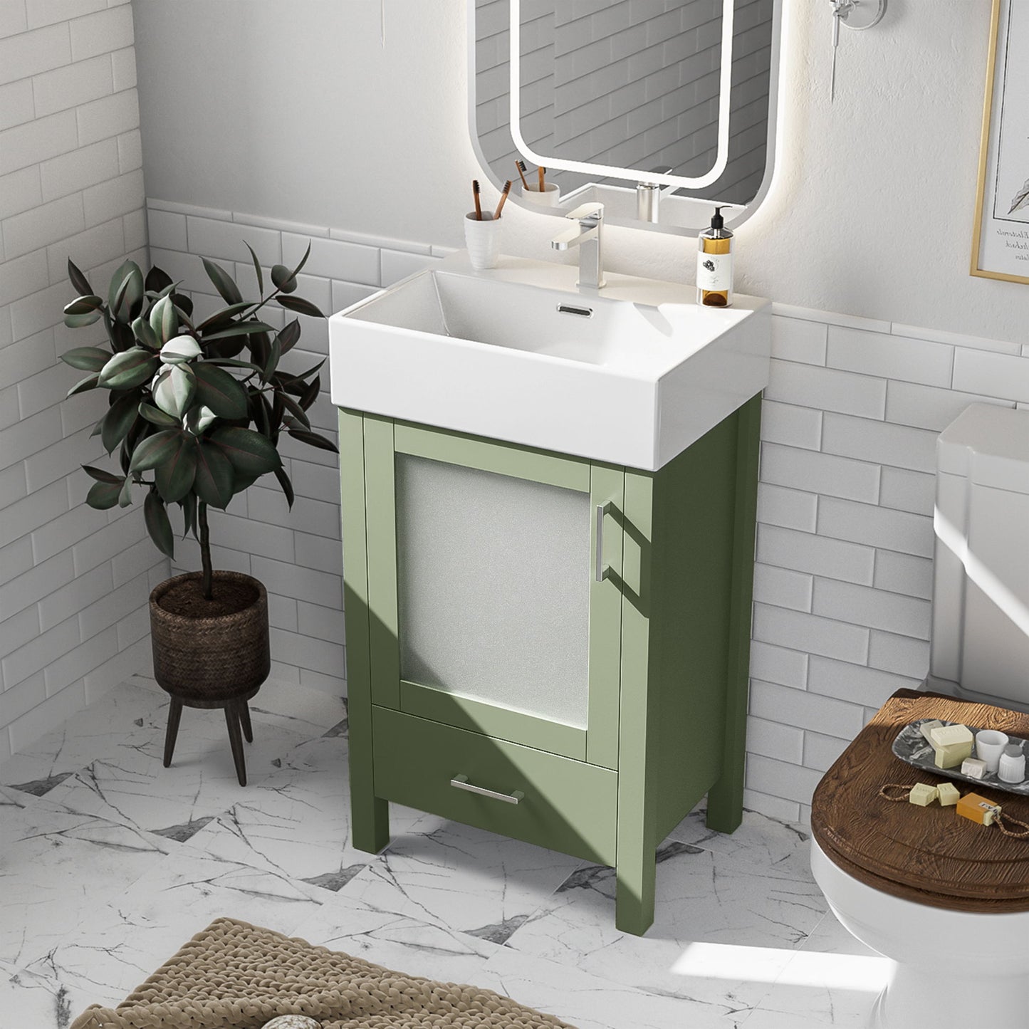 Bathroom Vanity With Ceramic Sink And Ample Storage, Ideal For Small Bathrooms - Green