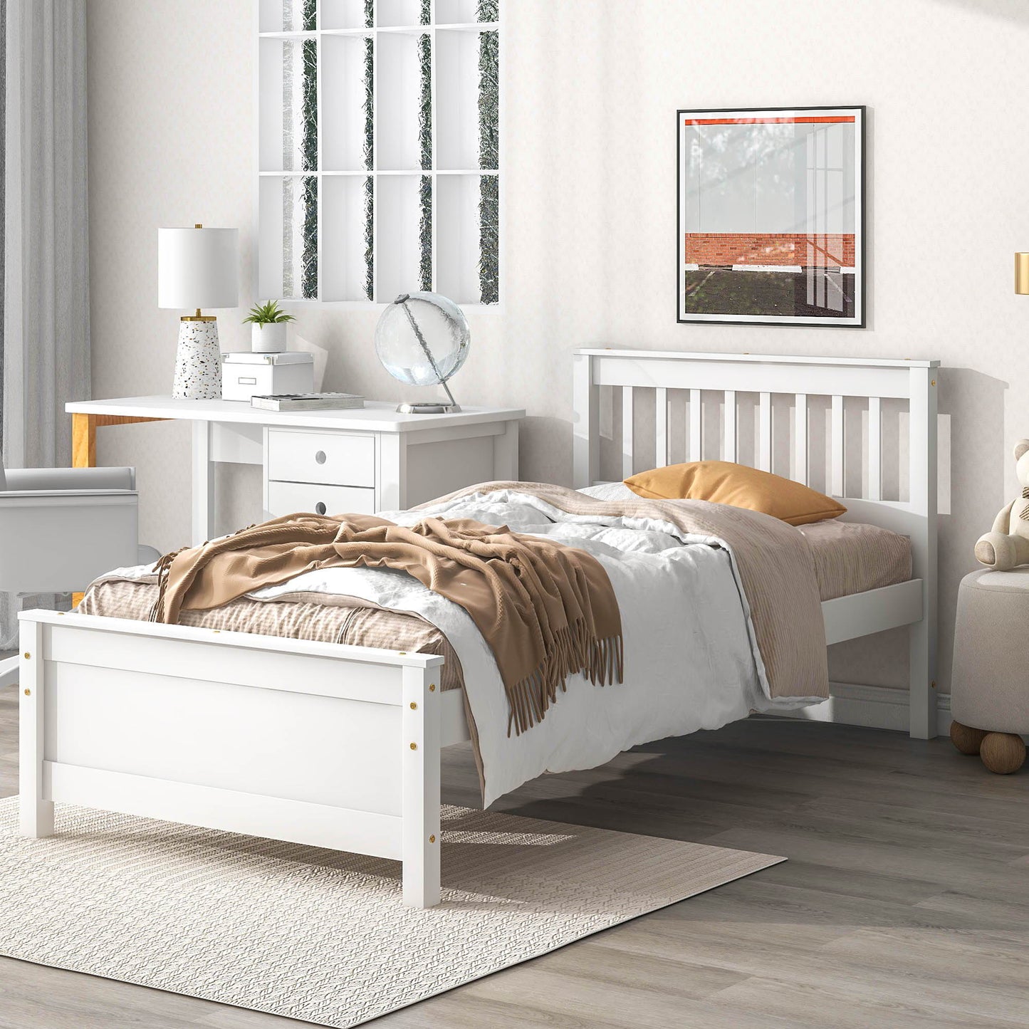 Twin Bed With Headboard And Footboard For Kids, Teens, Adults, With A Nightstand - White