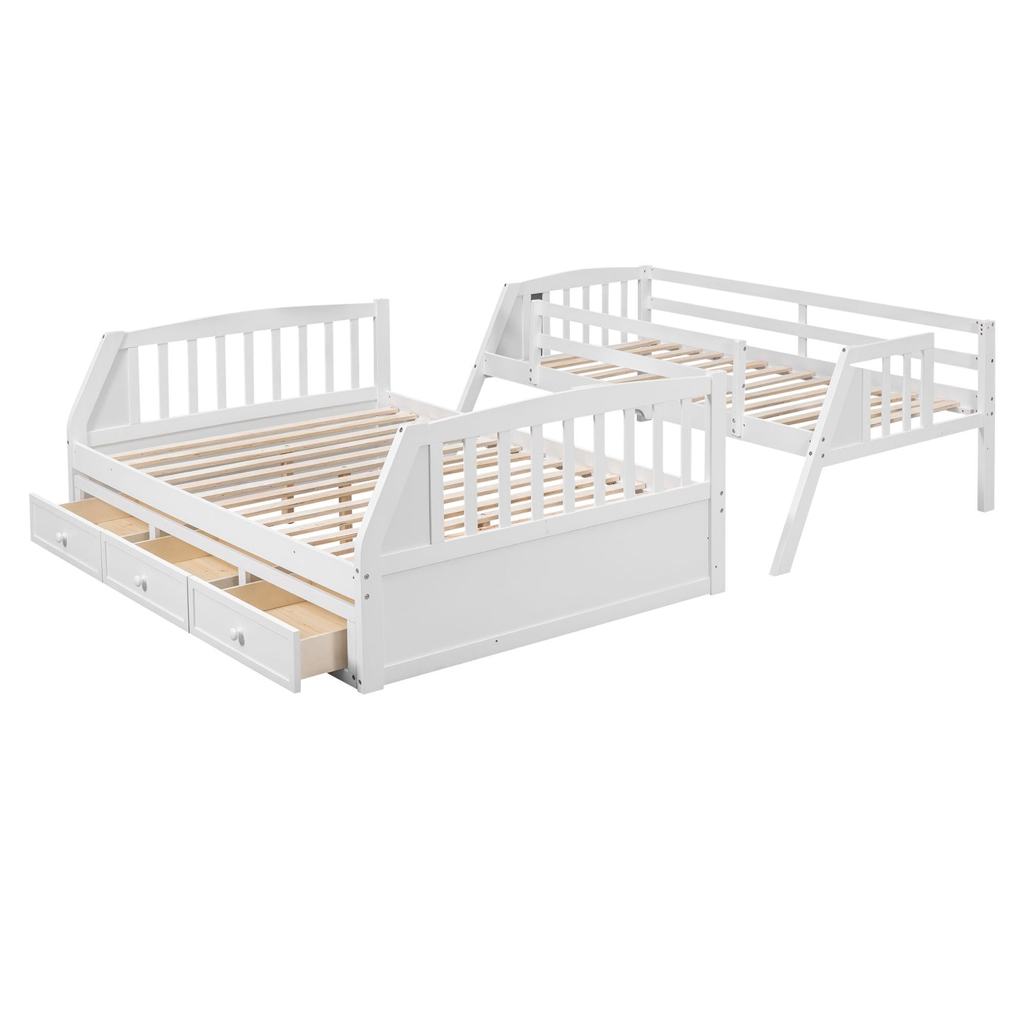 Twin Over Full Bunk Bed With Drawers, Ladder And Storage Staircase - White
