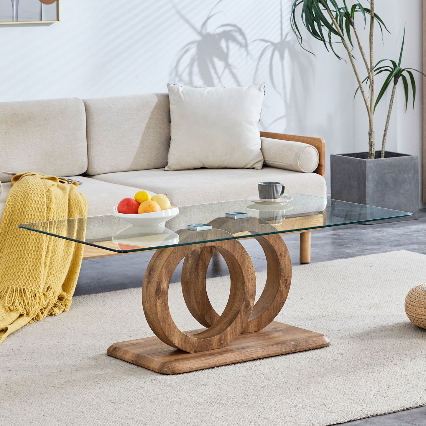 Modern Style Glass Top Coffee Table With Base Suitable For Living Rooms And Lounge Areas - Natural Wood
