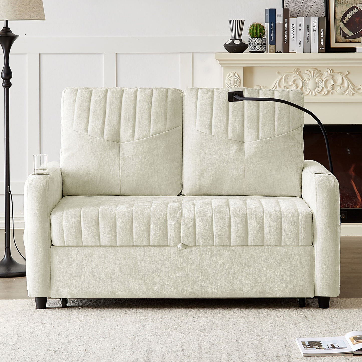 Modern Loveseat Pull Out Sofa Bed With Adjustable Backrest, Two Cup Holders, A Phone Holder, Three Charging Ports And Side Storage Pockets For Living Room - Beige