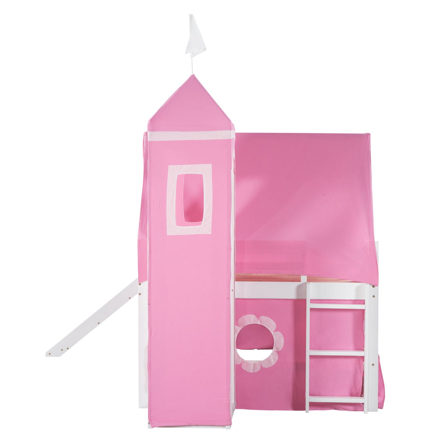 Full Size Loft Bed With Slide And Tent Tower Space Saving Fun Design For Kids - Pink